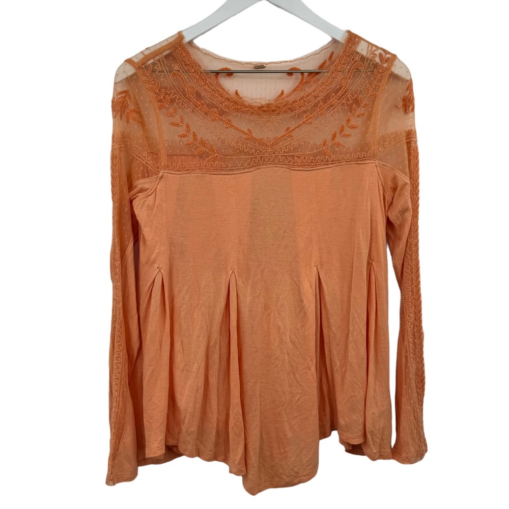 Free People Jojo Embroidered Mixed Media Long Sleeve Top Coral Size Small - Picture 5 of 11